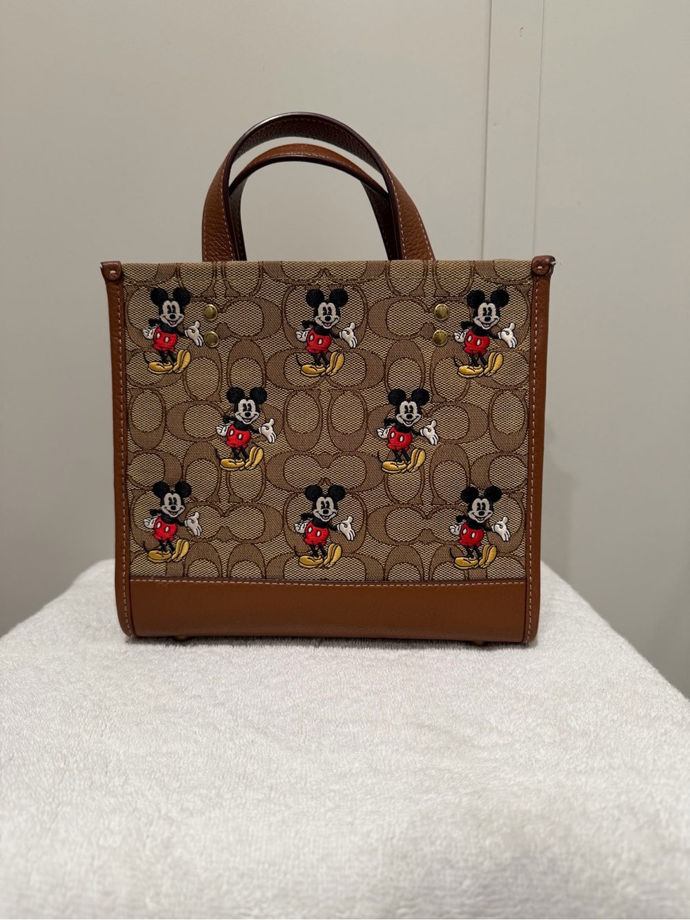 Coach Brown Signature Canvas Mickey Mouse Mini Tote with Tan Leather Trim